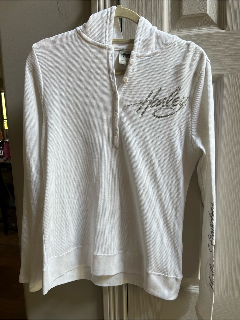 Harley-Davidson White Hooded Waffle Knit Top with Rhinestone Script